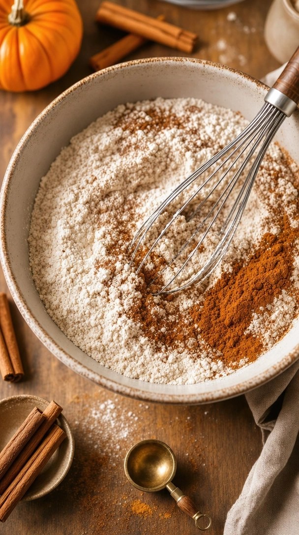 Flour, Cinnamon, And Pumpkin Pie Spice In A Rustic Ceramic Bowl With A Wire Whisk On A Wooden Table For Pumpkin Bread.