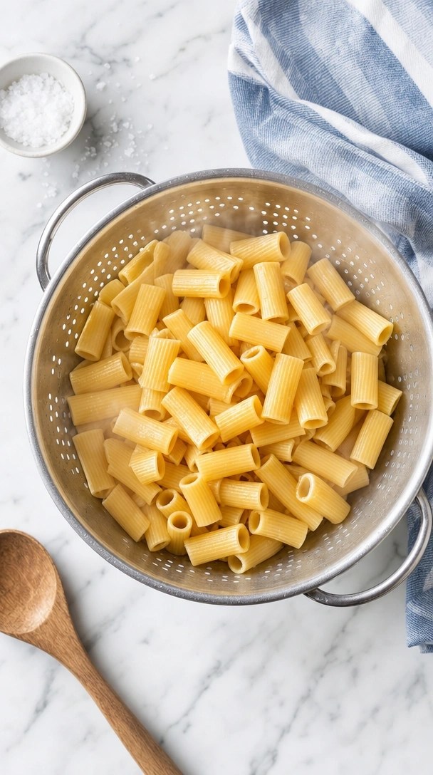 Steaming, Perfectly Cooked Rigatoni Pasta Drains In A Stainless Steel Colander On A Marble Counter For Mac And Cheese.