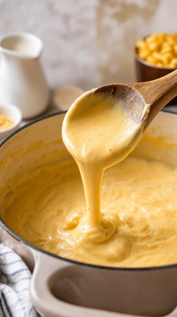 Thick, Creamy Cheddar Cheese Sauce Cascading Off A Wooden Spoon Into A Pot For Mac And Cheese.