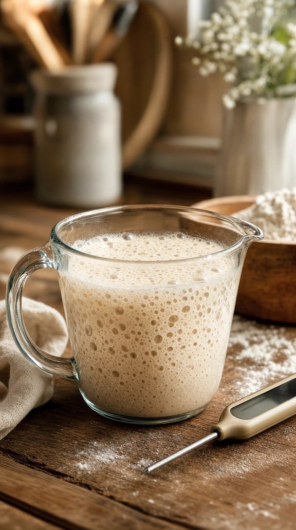 Active, Bubbly Blooming Yeast Mixture Foaming Inside A Clear Glass Liquid Measuring Cup On A Rustic Wood Kitchen Counter.
