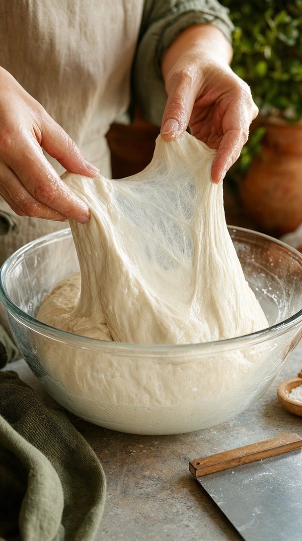 Baker Stretching Translucent, Elastic Ciabatta Dough To Show The Windowpane Gluten Effect In A Glass Mixing Bowl.