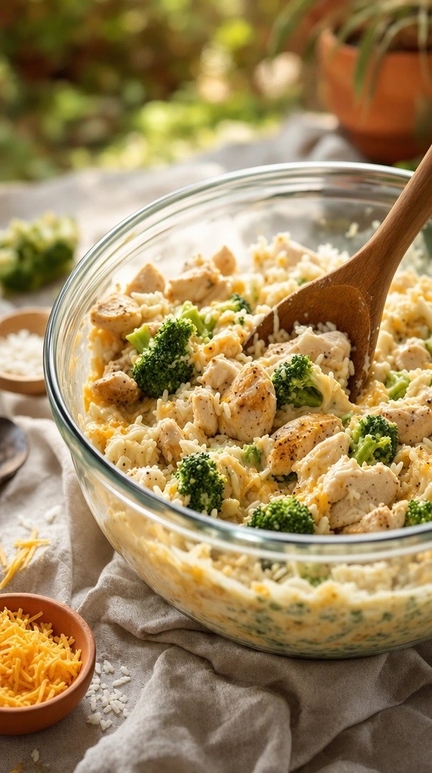 Cooked Rice, Seared Chicken, Broccoli, And Rich Cheese Sauce Are Mixed In A Large Glass Bowl With A Rustic Wooden Spoon.