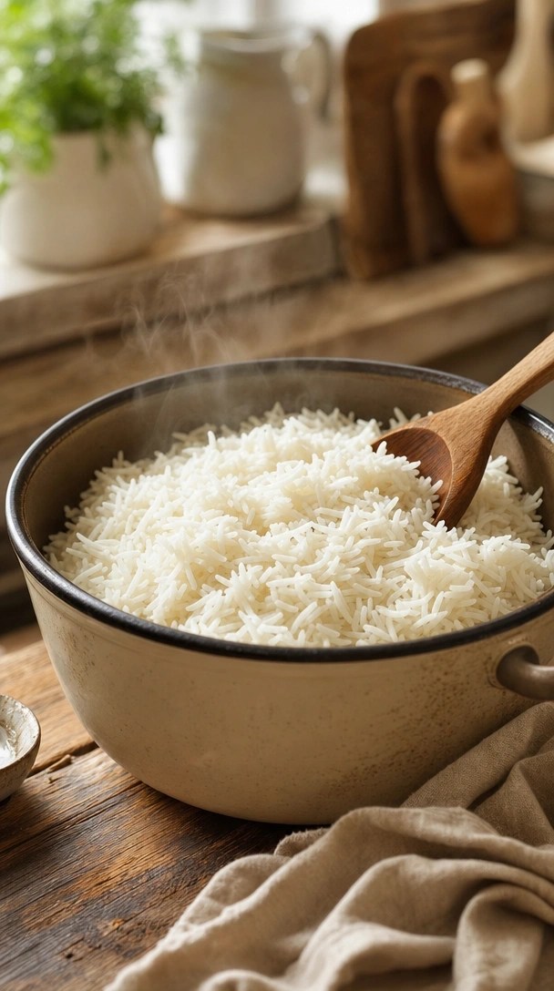 Fluffy, Steaming White Rice Rests In A Rustic Cast Iron Pot Beside A Wooden Spoon On A Sunlit Wooden Kitchen Table.