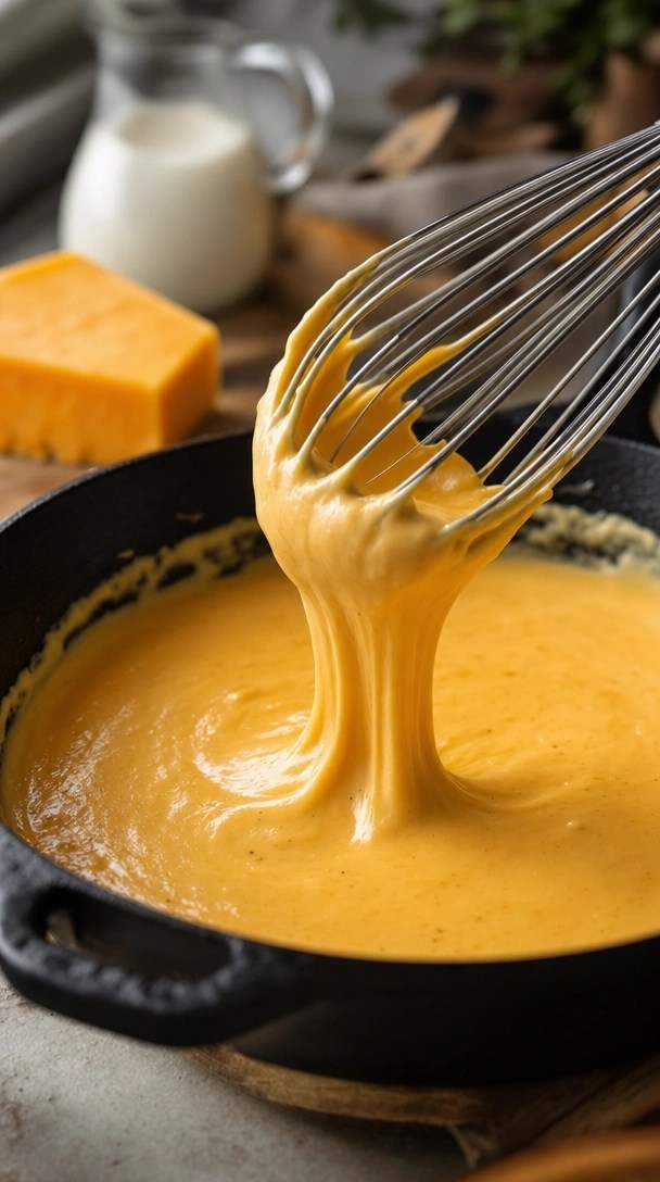 Smooth, Creamy Cheddar Cheese Sauce Bubbles In A Skillet As It Drips From A Metal Wire Whisk During Stovetop Cooking.