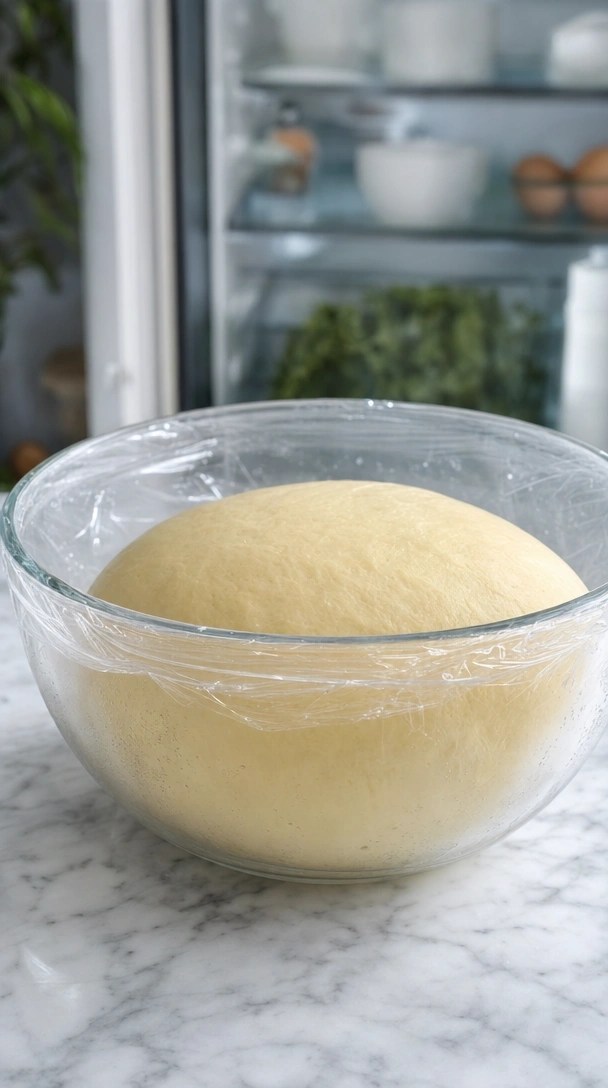 Smooth, Round Ball Of Proofed Brioche Dough Resting Inside A Large Clear Glass Bowl Sealed For Rising On Marble.