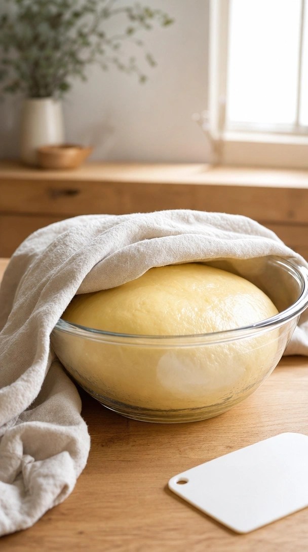Smooth, Elastic Brioche Dough Ball Rests In A Clear Glass Proofing Bowl Beside A Linen Cloth On A Wood Table.