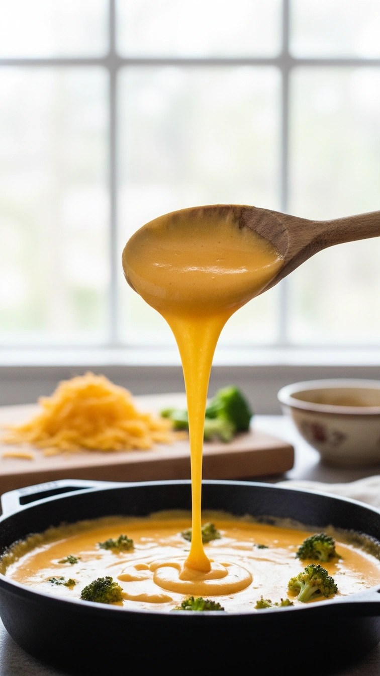 Smooth, Velvety Cheddar Cheese Sauce Cascades From A Wooden Spoon Above A Warm Skillet On A Bright Kitchen Stovetop.