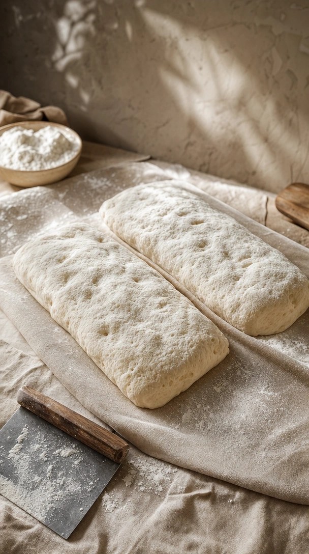 Two Rustic, Floured Ciabatta Bread Loaves Shaped On A Linen Couche Beside A Stainless Steel Bench Scraper Tool.