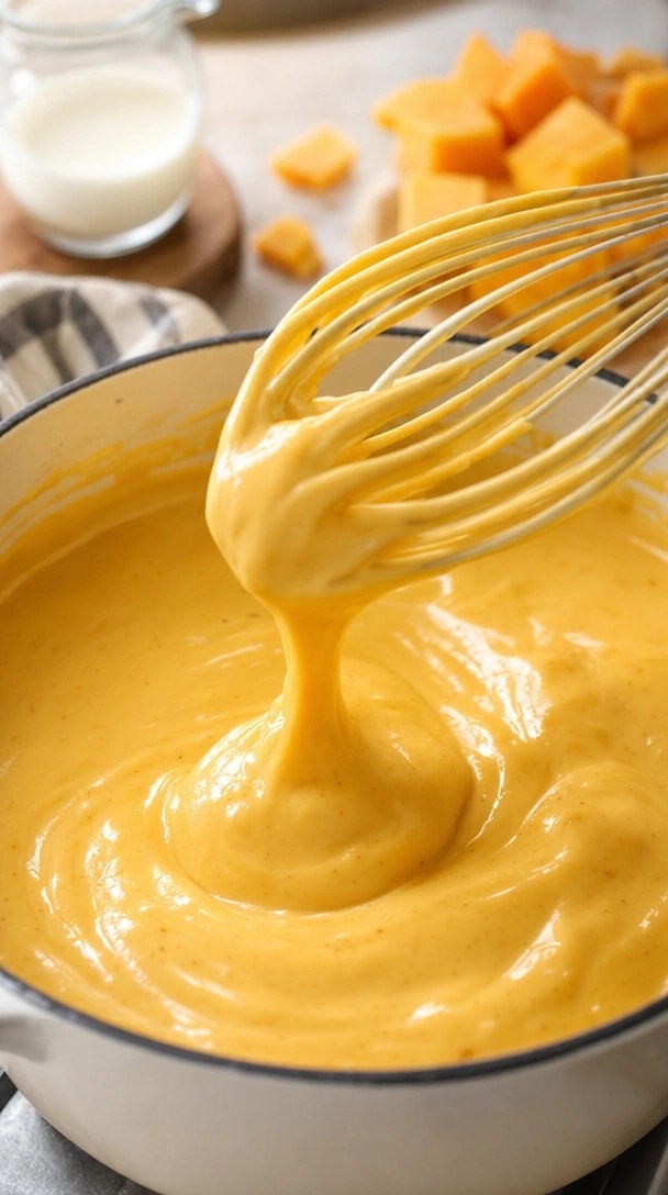 Velvety, Melted Cheddar Cheese Sauce Drips Smoothly From A Whisk Into A Bubbling Enameled Cast-Iron Saucepan On A Counter.