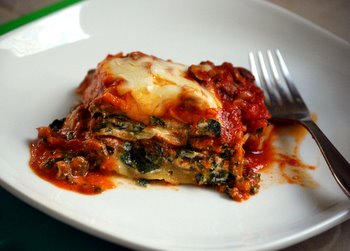 Beef, Spinach and Mushroom Lasagna, sliced