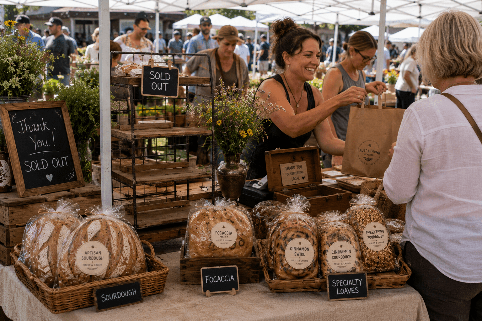A home baker's bread table at a farmers market with labeled loaves stacked and priced for direct sale.