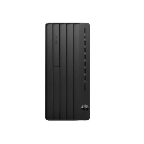Front angled view of the black HP 280 G9 Pro Tower desktop cabinet showcasing its clean mesh front panel, power button, and multiple front-facing USB ports.