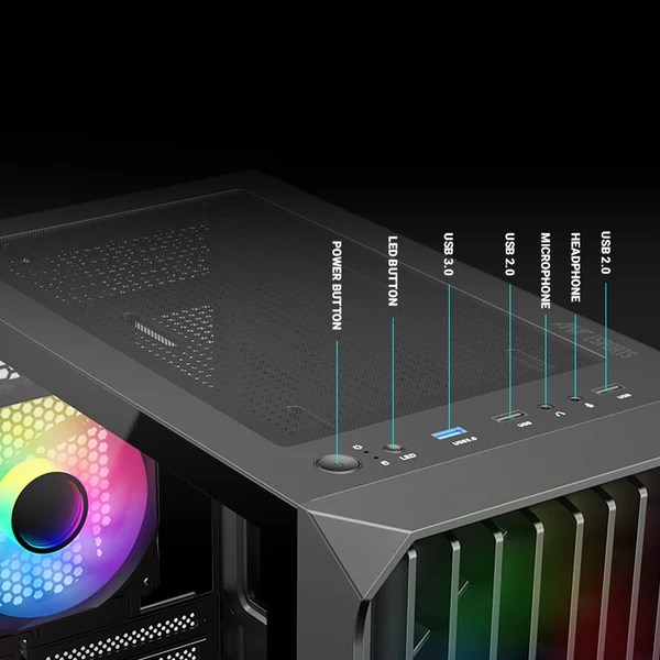Ant Esports 205 Mini 6F black gaming cabinet featuring front mesh panel, tempered glass side window, and glowing ARGB cooling fans.