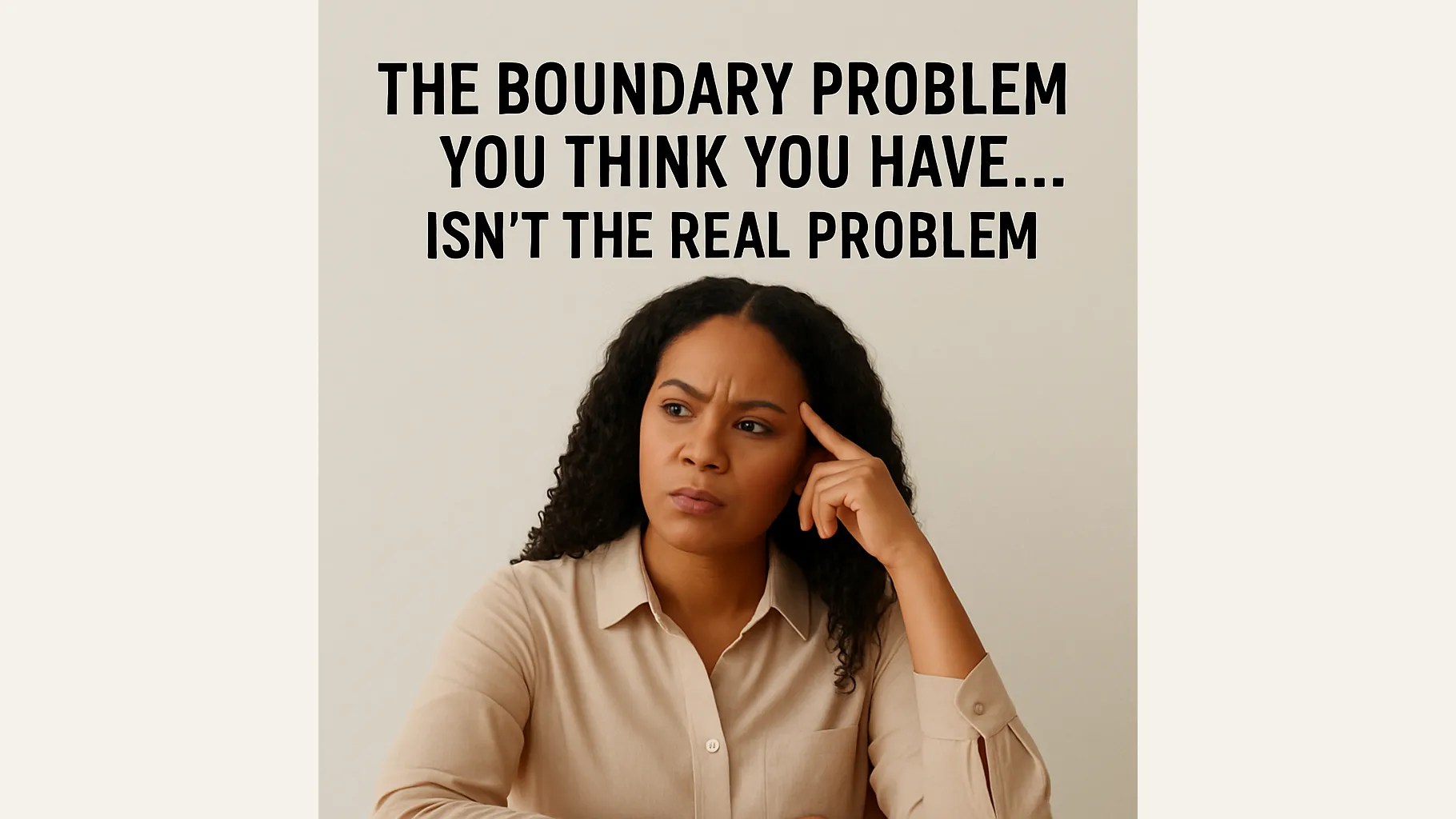 Reflective woman thinking deeply with bold boundary quote above her on a neutral background.