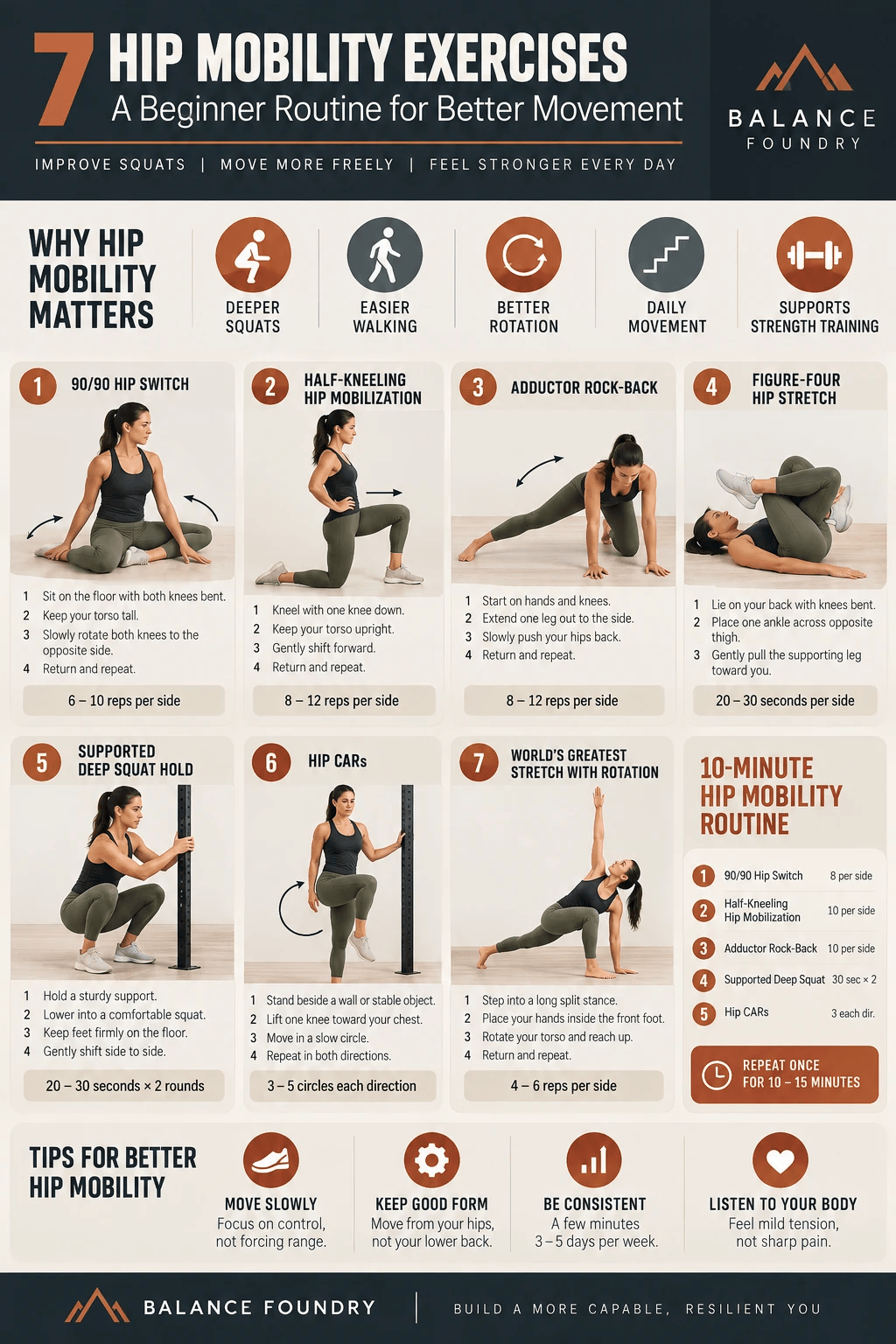 Hip mobility exercises infographic showing seven beginner movements, including 90/90 hip switches, hip flexor mobilization, adductor rock-backs, deep squat holds, and hip CARs.