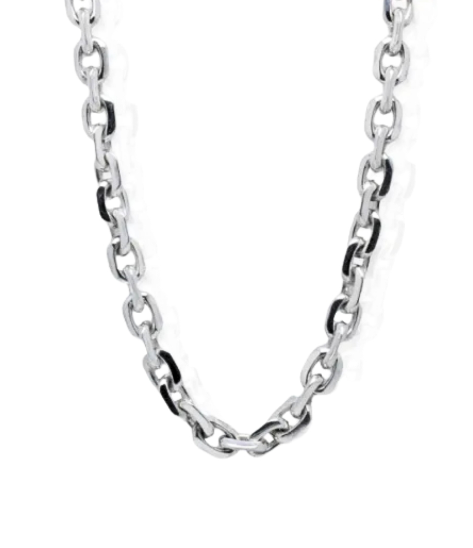 Silver chain necklace with medium oval links on a white background, shown in close-up as a jewelry detail