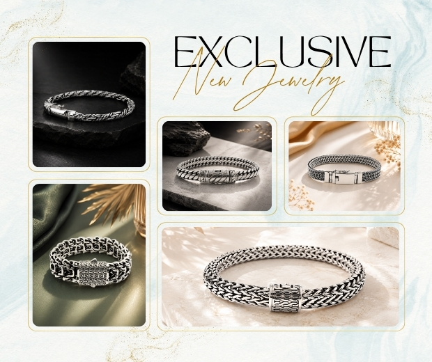 Collage of five silver bracelets in rounded frames under the 'Exclusive New Jewelry' headline, advertising a collection.