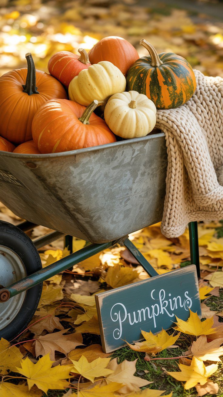 A wheelbarrow display filled with pumpkins and a cozy blanket for fall porch decorating.