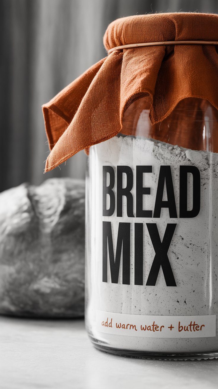 Homemade bread mix jar with baking instructions attached.