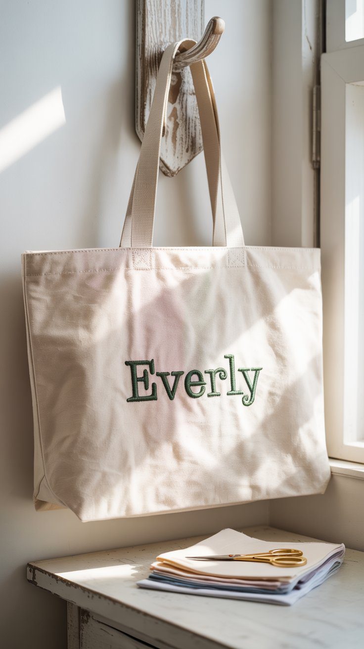 A personalized beige canvas tote bag embroidered with a name, hanging by a sunlit window.