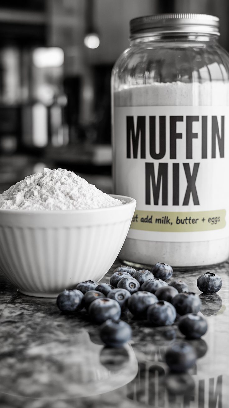 Fresh blueberry muffins made from a homemade jarred muffin mix.