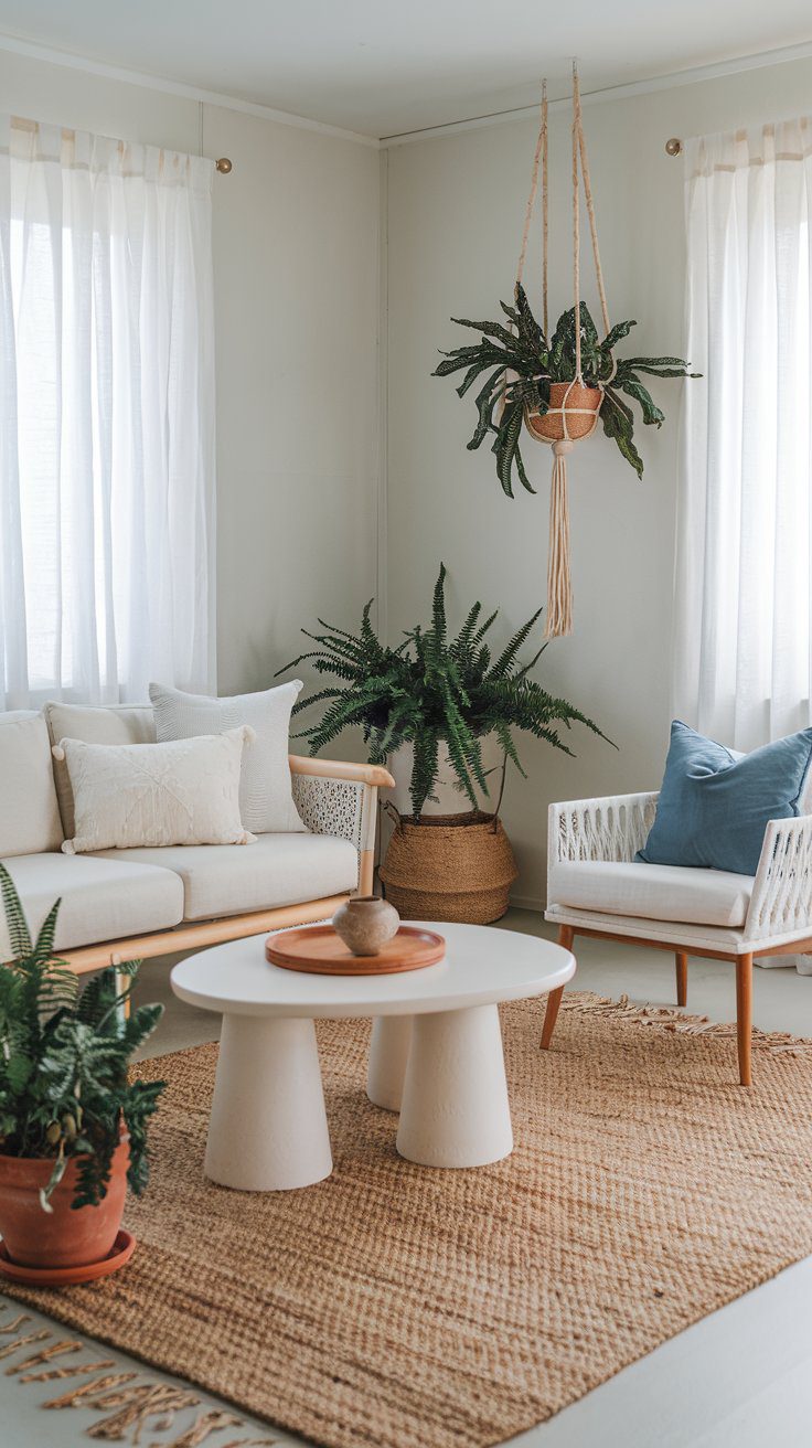 Living room styled in a white and cream Scandi Boho color palette