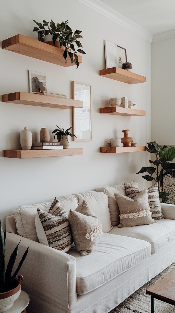 Floating wood shelves styled with curated Scandi Boho decor