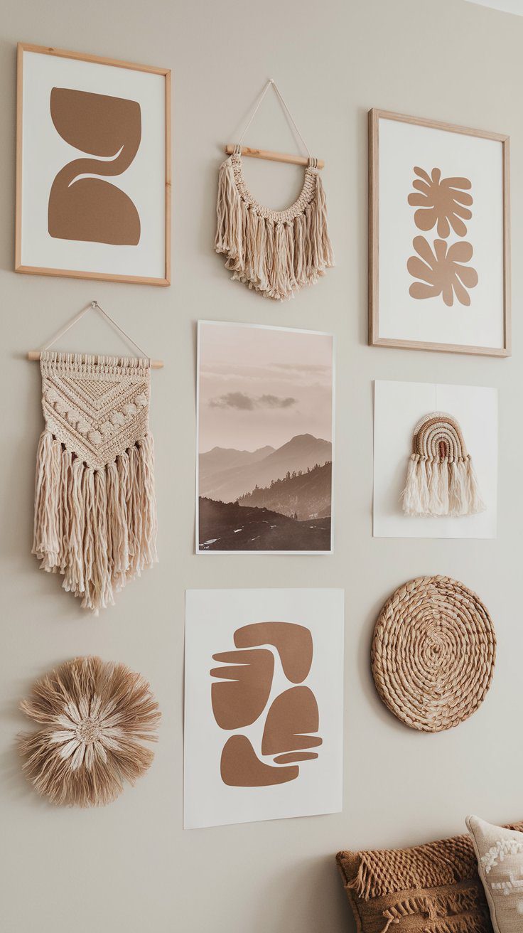Eclectic gallery wall in neutral tones