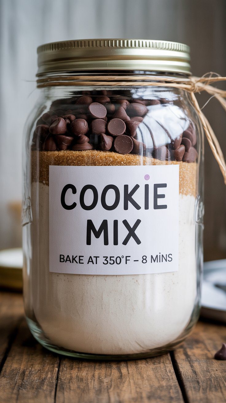 Layered chocolate chip cookie mix jar with a gift tag.