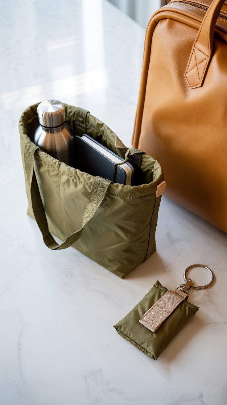A folded olive green travel tote bag that packs into its own small pouch.