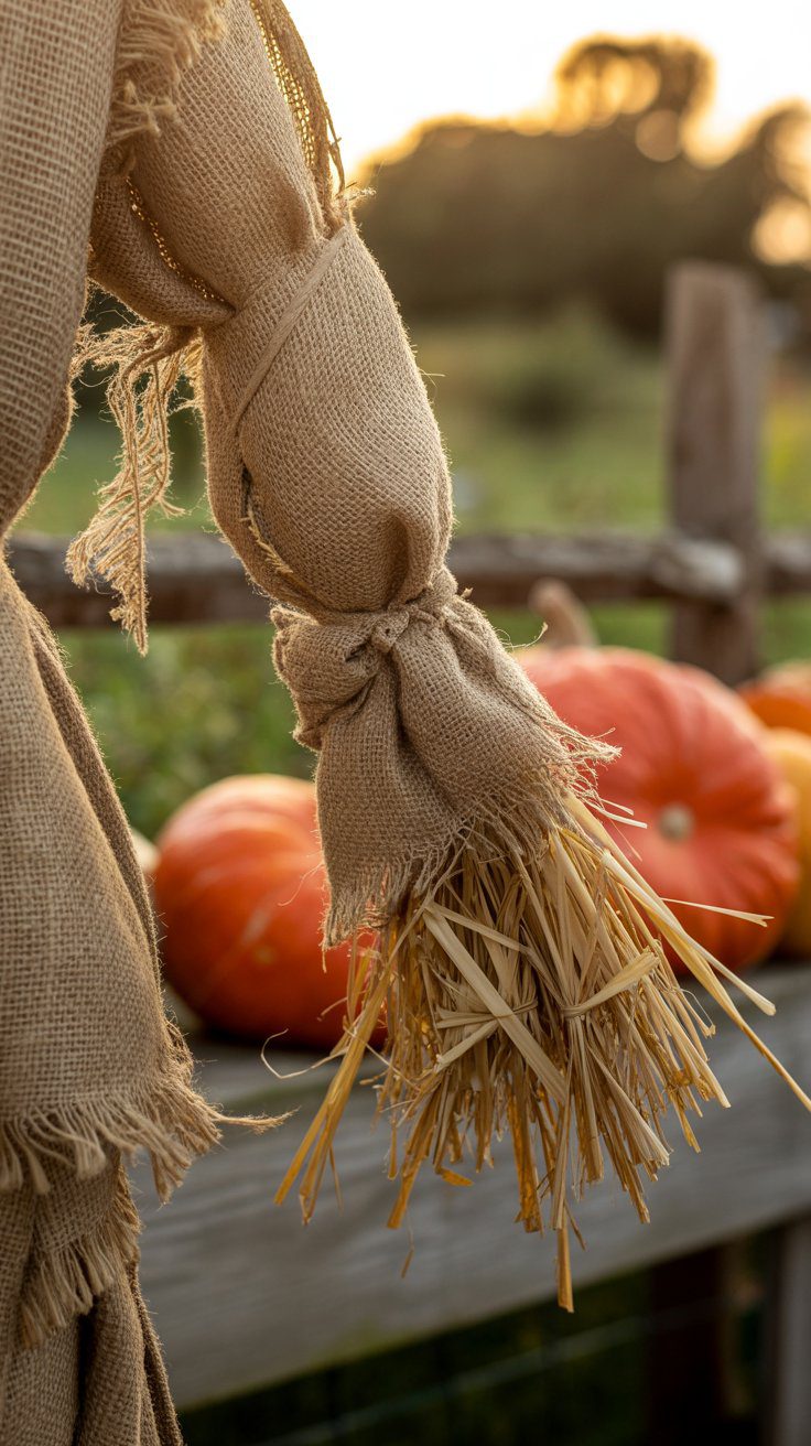 Autumn Scarecrow Decor Ideas: Burlap & Straw DIY Inspiration with Pumpkins and Rustic Fence at Sunset.