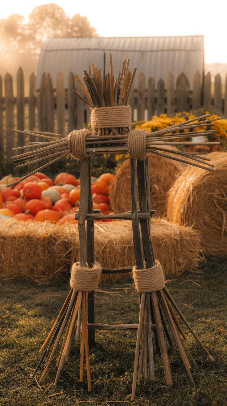 Charming DIY Fall Scarecrow Display with Pumpkins, Hay Bales & Flowers for Rustic Autumn Porch Decor Ideas.