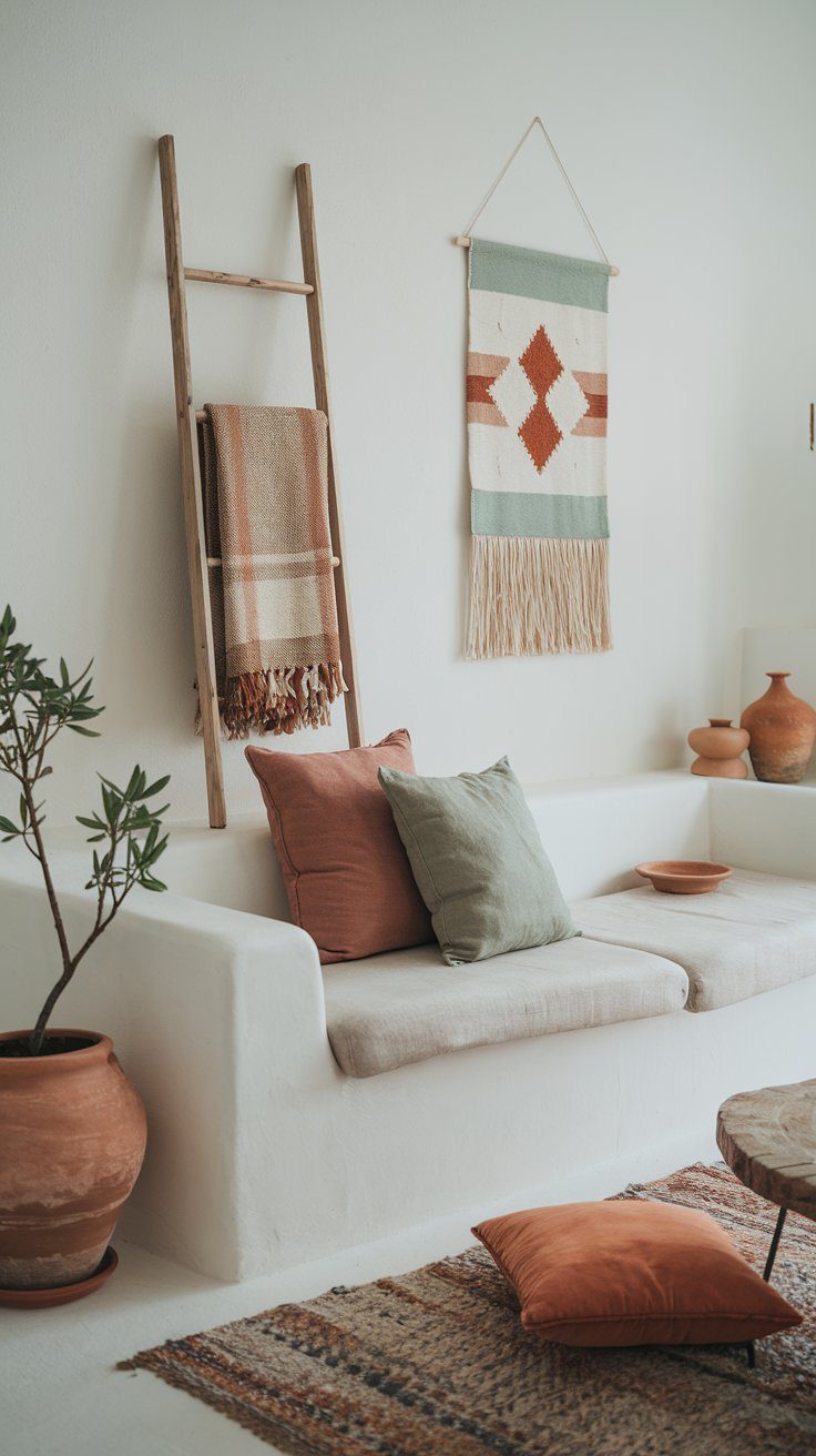 Terracotta and earth-toned throw pillows and pottery accents