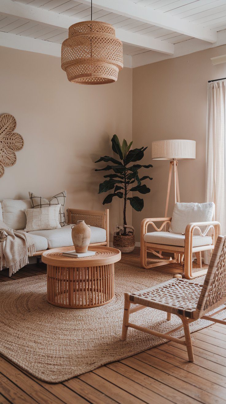 Layered natural textures including jute, rattan, and linen