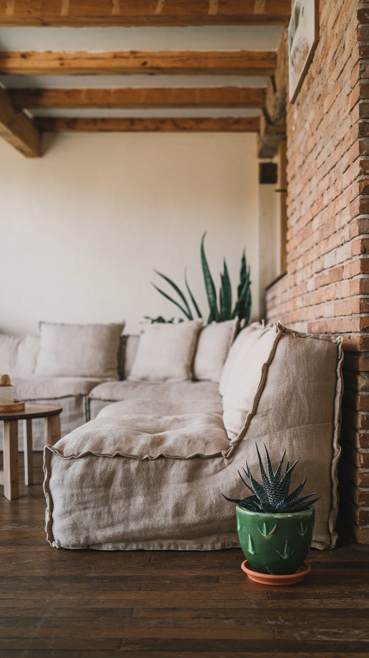 Low-profile linen sofa in a Scandi Boho living room