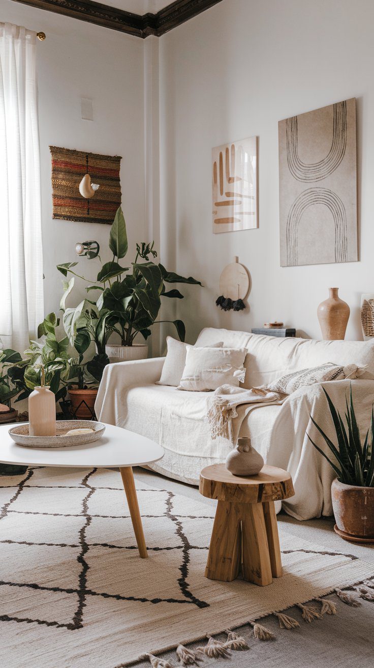 Indoor plants layered into a Scandi Boho living room