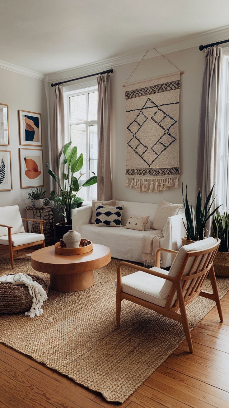 Jute area rug in a Scandi Boho living room