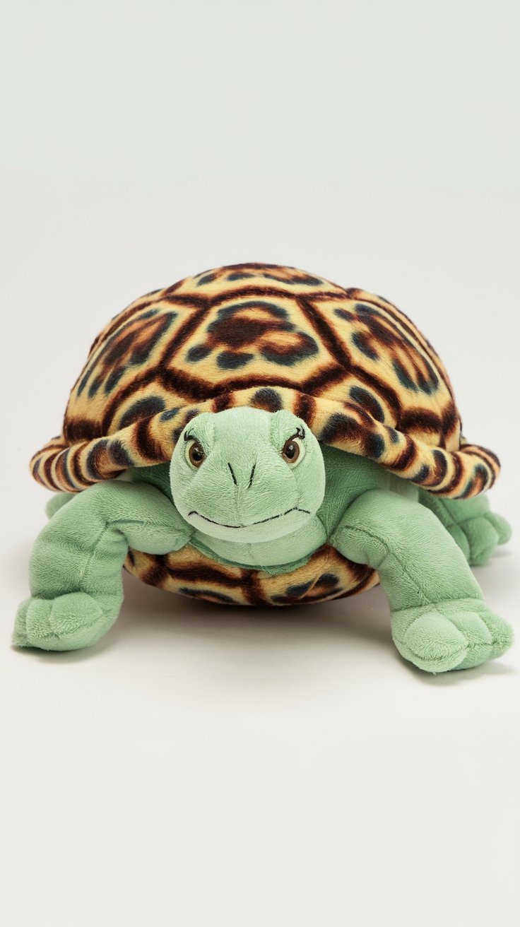 green plush turtle stuffed toy with patterned shell