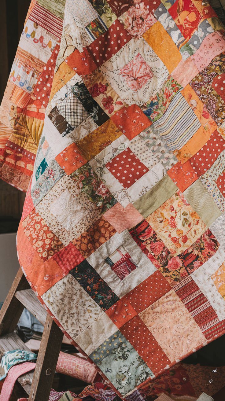 Colorful patchwork quilt square made from mixed leftover fabric scraps