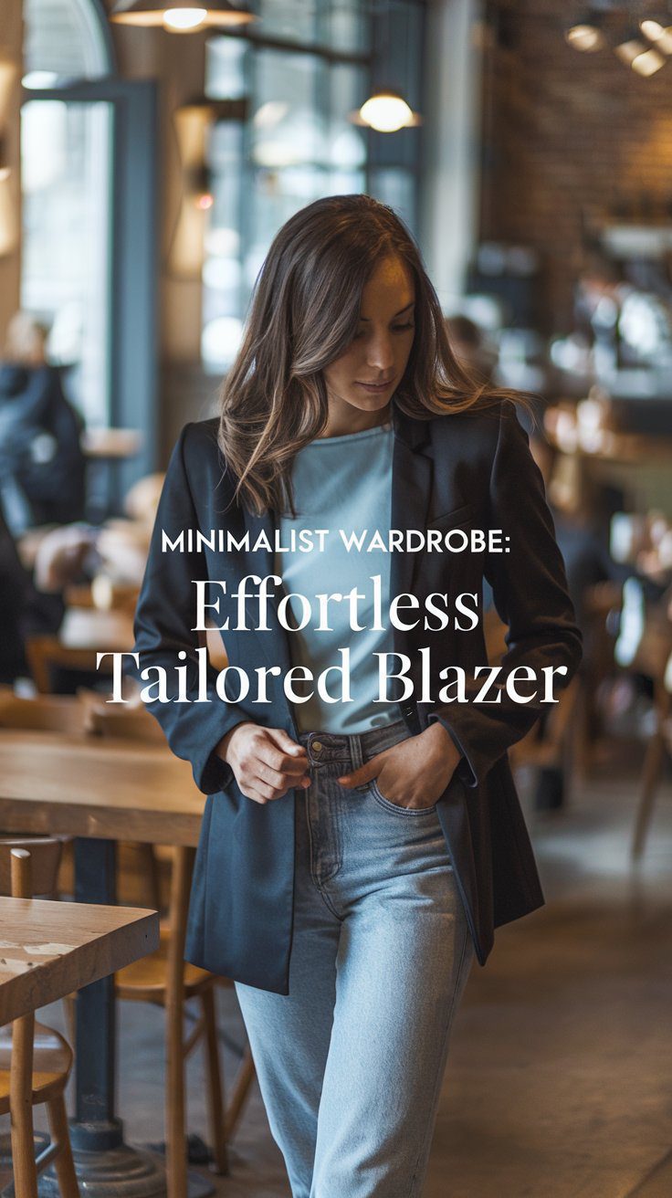 A woman stands in a stylish cafe wearing a black tailored blazer and jeans.