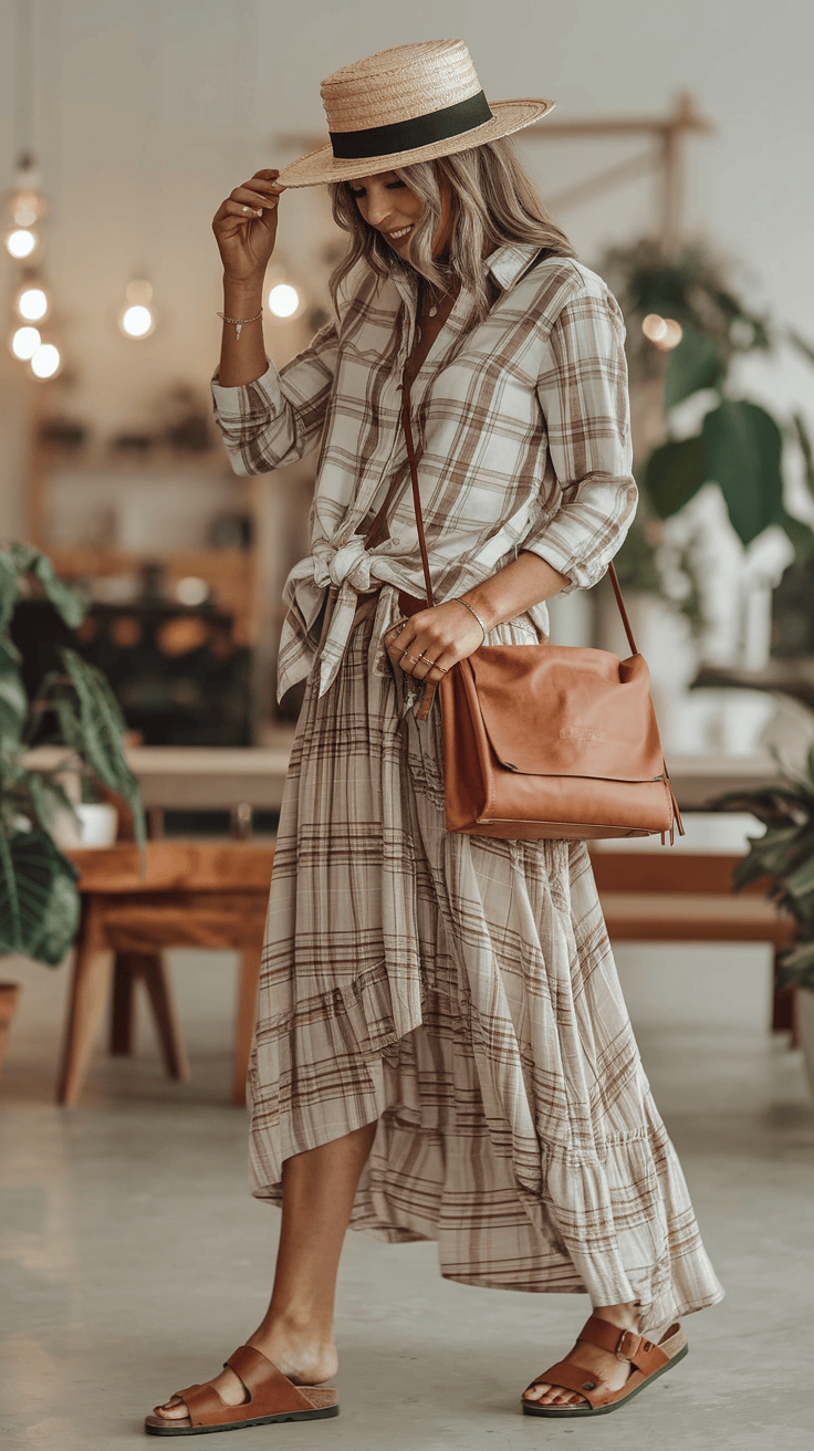 A woman in a stunning Boho country outfit, featuring a plaid shirt and skirt, a straw hat, and sandals, walks indoors with a tan leather bag.