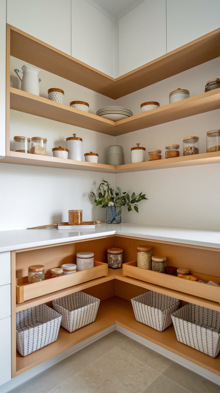 Transform neglected kitchen corners into valuable storage with a DIY corner pantry cabinet. This clever DIY pantry solution uses triangular shelves and optional lazy Susans to keep every item within reach and beautifully displayed.
