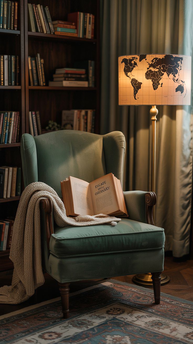 Discover a charming reading nook featuring a green armchair with a knit blanket, an inviting open book, and a bookshelf filled with literary treasures—all illuminated by a floor lamp adorned with vintage maps. This cozy corner is ideal for lovers of unique home decor and comfortable escapes.