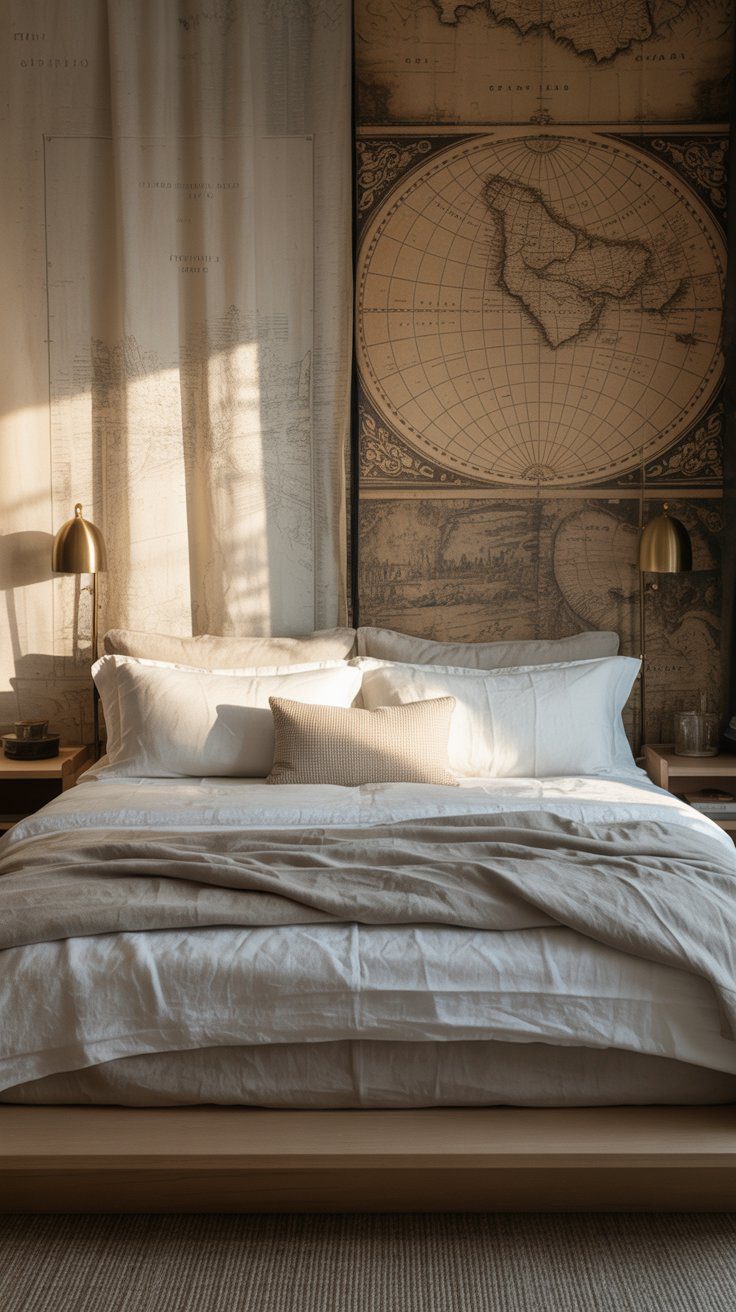 A warmly lit bedroom pairs crisp white bedding and brass accents with vintage map decor, creating a cozy and inviting retreat.