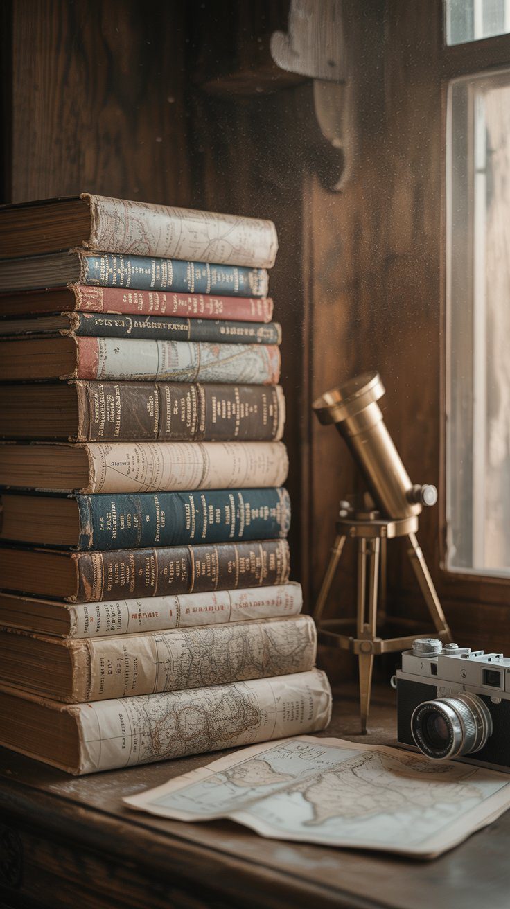 A sunlit home workspace is transformed into charming decor with vintage books, a retro camera, and an old-fashioned telescope arranged atop antique maps—inviting nostalgia and curiosity.