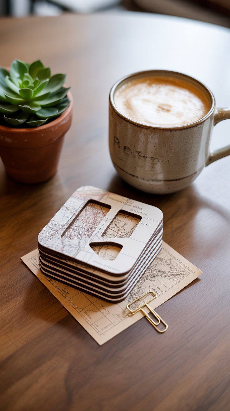 A creamy latte rests in a cozy beige mug amid charming touches—a potted succulent, map-themed coasters, and a vintage postcard adorned with gold paperclips—evoking a sense of warmth, wanderlust, and thoughtful detail.