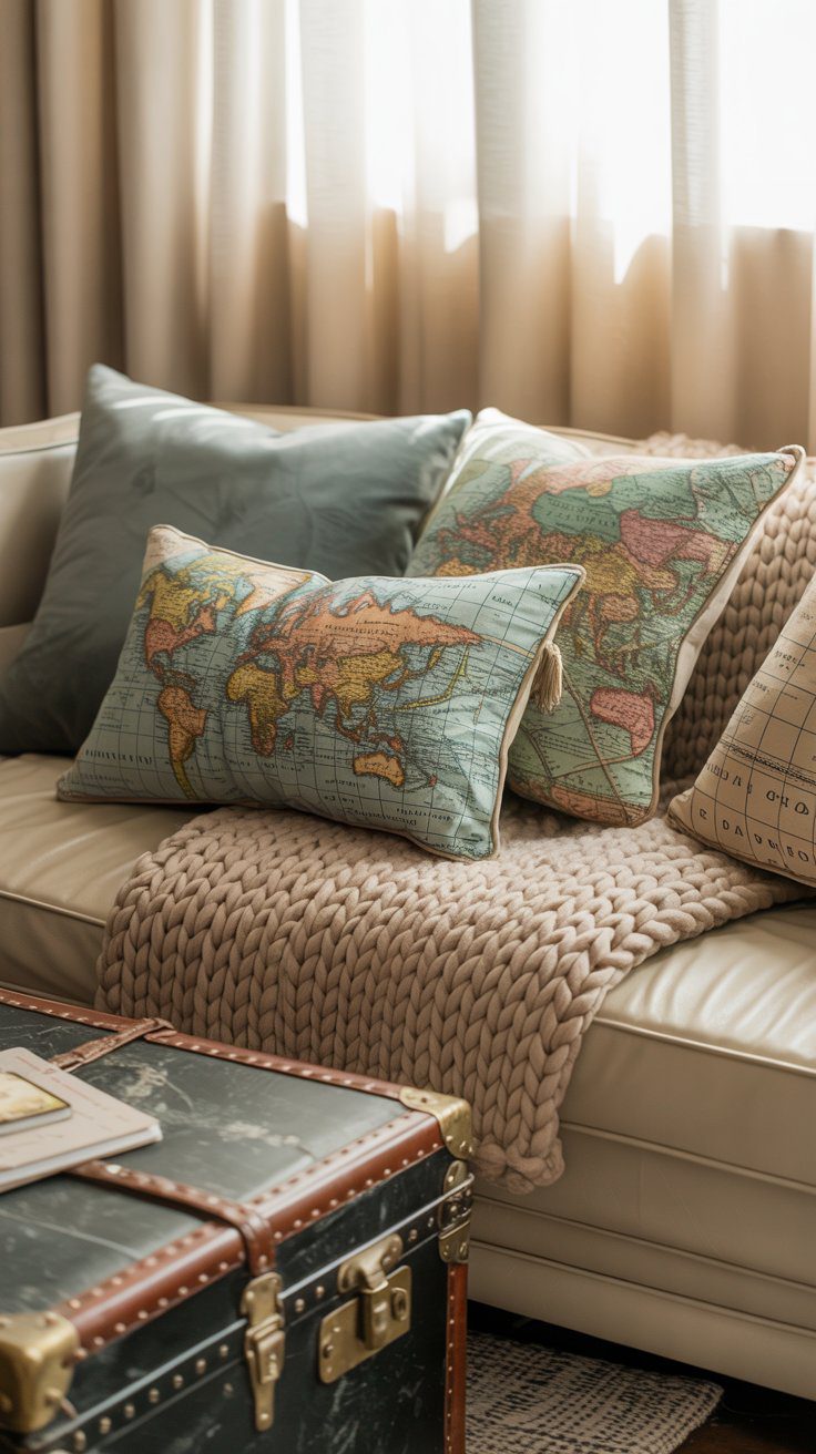 A warm and welcoming living room blends vintage charm with comfort, featuring a cream sofa accented by map-themed pillows, a chunky knit throw, and a classic trunk coffee table bathed in sunlight filtering through sheer curtains.