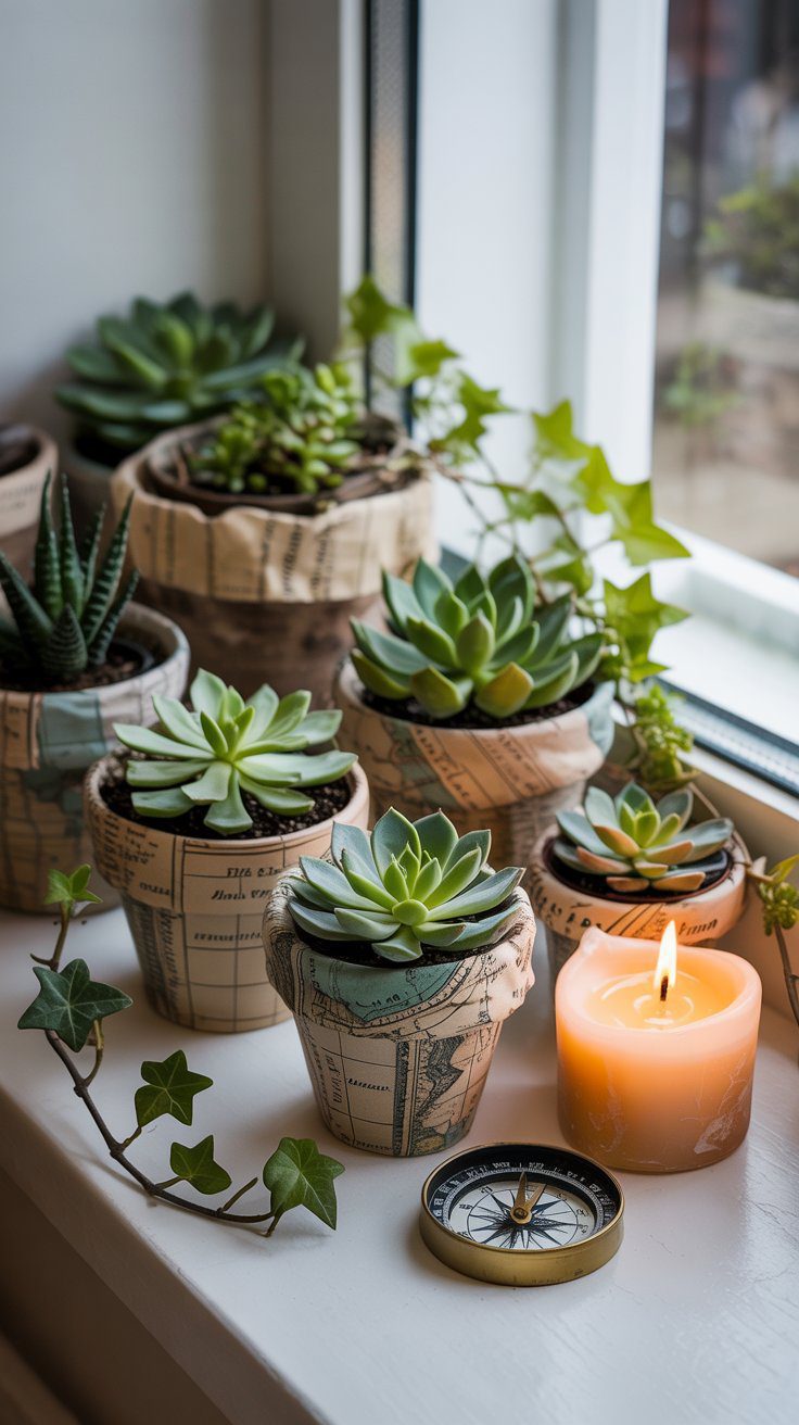 A sunlit windowsill becomes a charming travel-inspired vignette, with potted succulents wrapped in vintage map paper, a winding strand of ivy, and touches like a compass and candle evoking both adventure and cozy home decor.