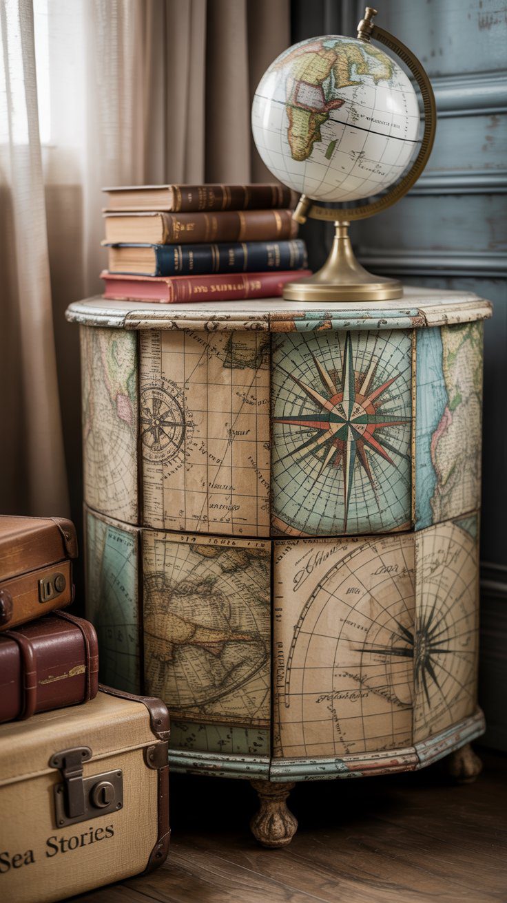 A charming travel-themed vignette features a round vintage cabinet decorated with old maps and compasses, surrounded by books, a globe, and suitcases—evoking nostalgia and adventure for fans of distinctive home decor.