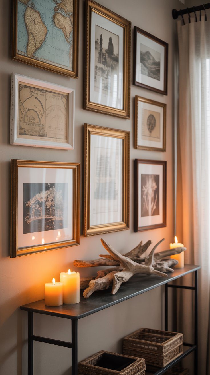 A warmly lit nook features vintage map wall art above a console table styled with candles, driftwood accents, and practical storage baskets, blending charm and functionality for an inviting home decor statement.